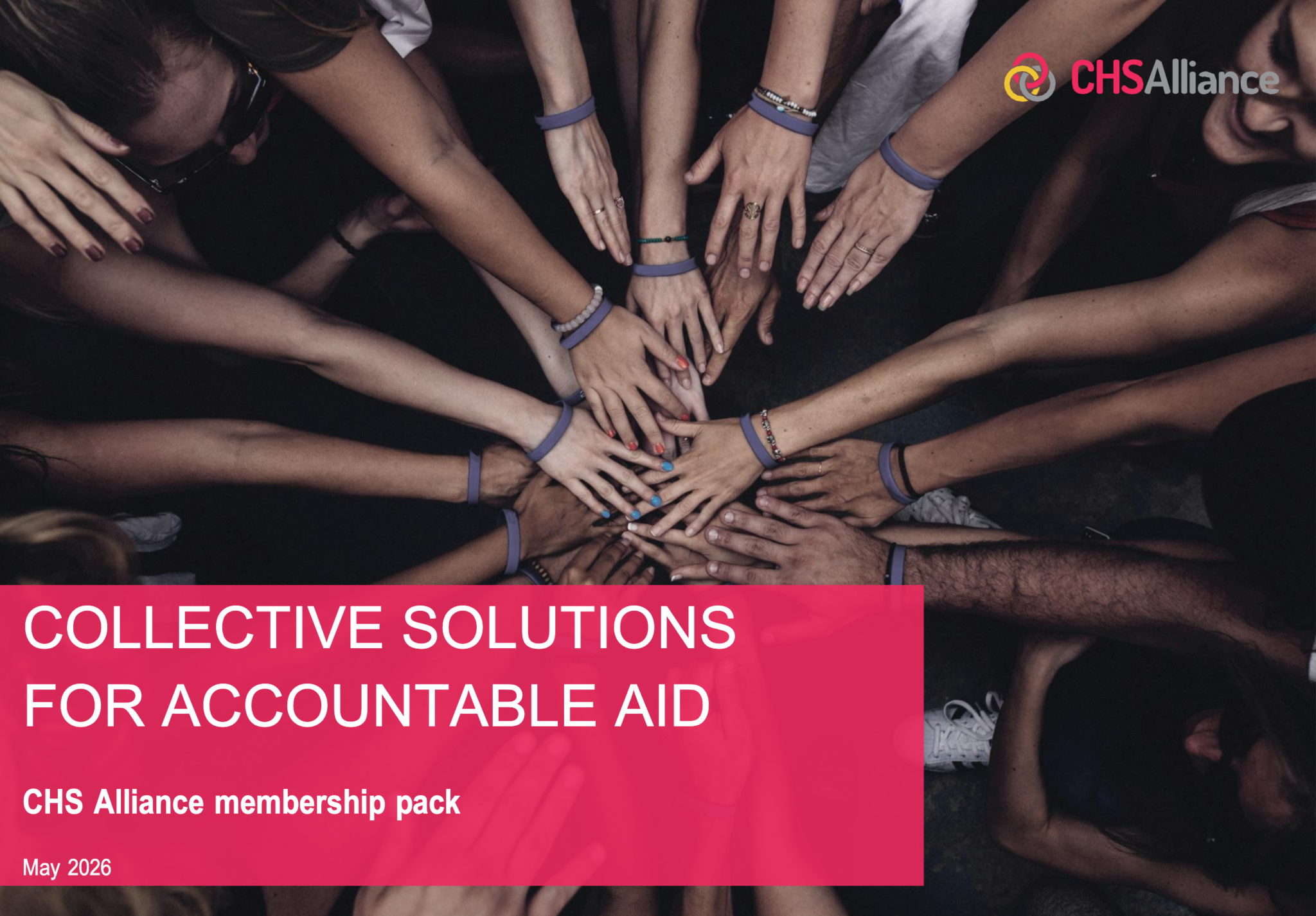 CHS Alliance membership pack cover: hands joined together, titled Collective Solutions for Accountable Aid