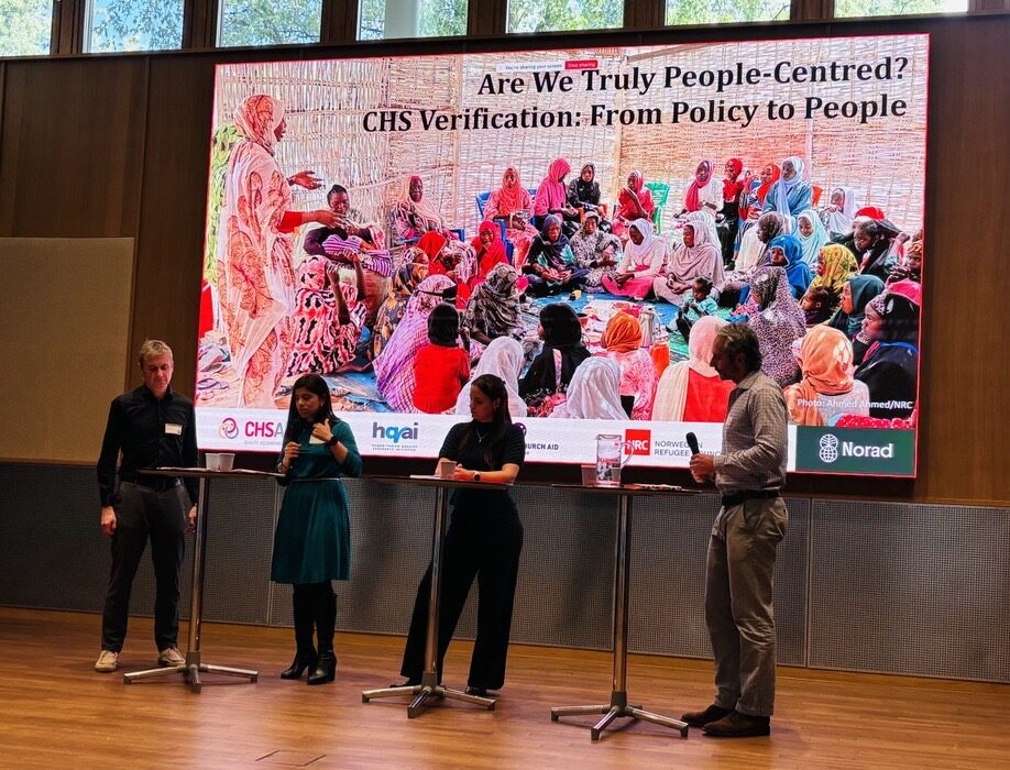 Martin Andreas Suvatne and Maria Paula Arenas Grundetjern of the Norwegian Refugee Council, and Daniela Visekruna and Andrés Miguel España of Norwegian Church Aid, speaking on a panel at Norad